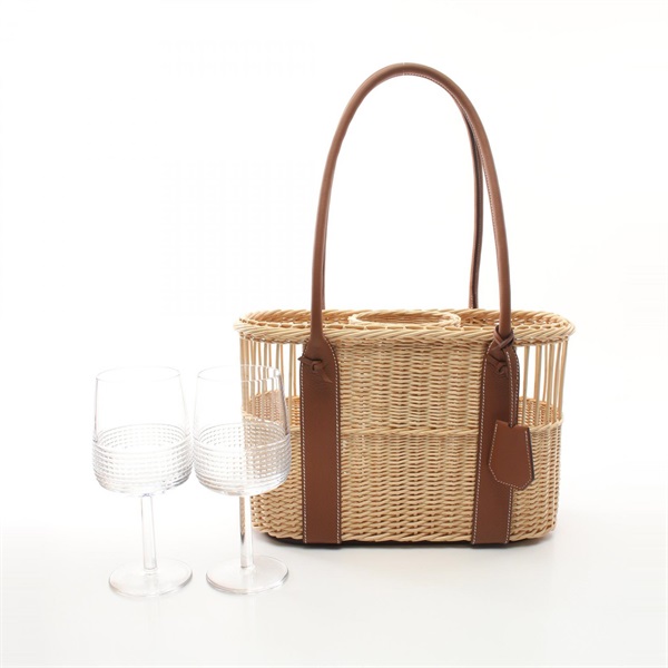 HERMES Bottle basket Park Tote Handbag Barenia leather Rattan Brown Beige Used